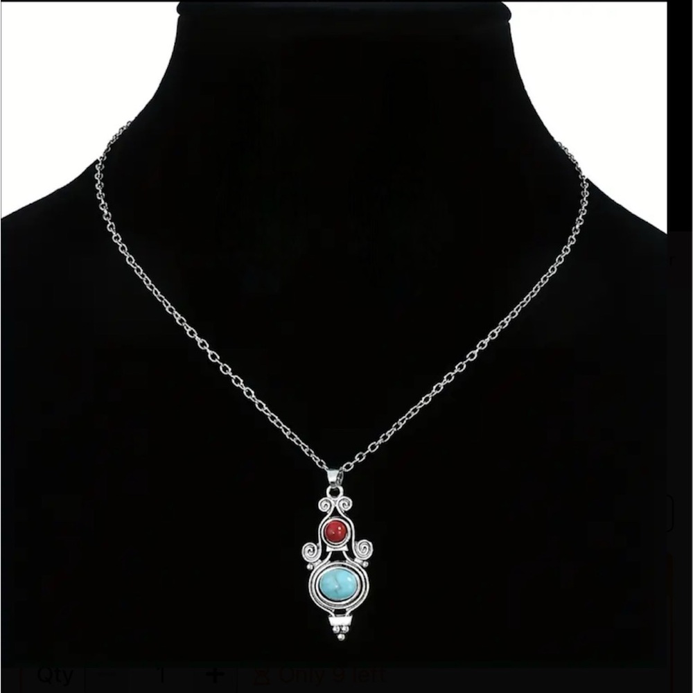 💎New Silver Bohemian Vintage  Design Turquoise Red Stone Oval Necklace